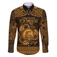 Personalized Cardiganshire Ceredigion Family Matching Off The Shoulder Long Sleeve Dress and Hawaiian Shirt Gold Leaping Salmon Celtic-inspired - Wonder Print Shop