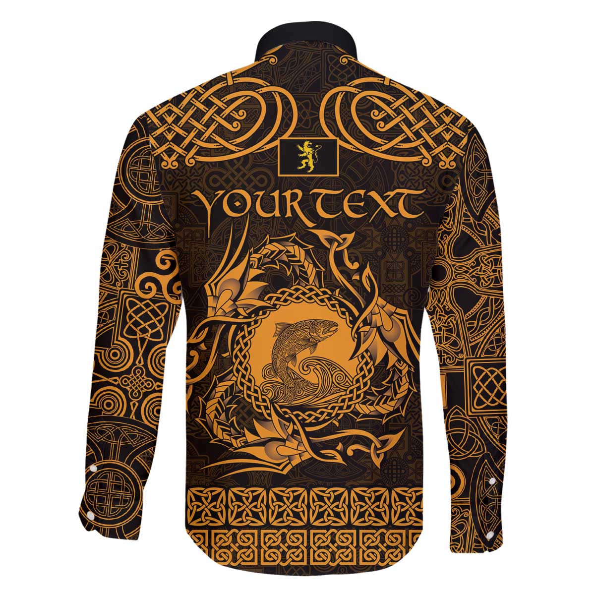 Personalized Cardiganshire Ceredigion Family Matching Off The Shoulder Long Sleeve Dress and Hawaiian Shirt Gold Leaping Salmon Celtic-inspired - Wonder Print Shop