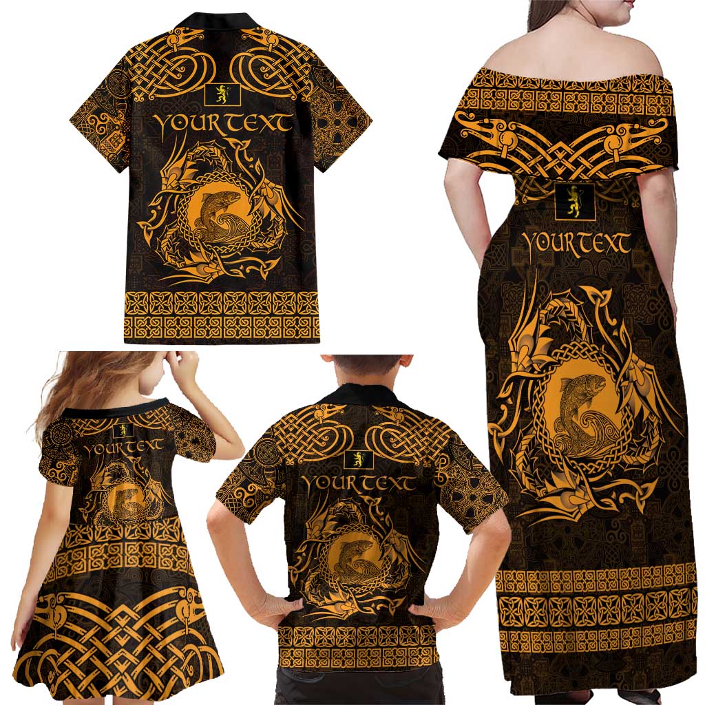 Personalized Cardiganshire Ceredigion Family Matching Off Shoulder Maxi Dress and Hawaiian Shirt Gold Leaping Salmon Celtic-inspired - Wonder Print Shop