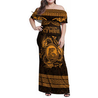 Personalized Cardiganshire Ceredigion Family Matching Off Shoulder Maxi Dress and Hawaiian Shirt Gold Leaping Salmon Celtic-inspired - Wonder Print Shop