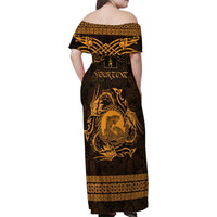 Personalized Cardiganshire Ceredigion Family Matching Off Shoulder Maxi Dress and Hawaiian Shirt Gold Leaping Salmon Celtic-inspired - Wonder Print Shop