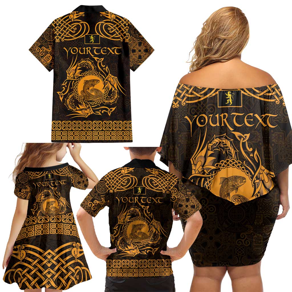 Personalized Cardiganshire Ceredigion Family Matching Off Shoulder Short Dress and Hawaiian Shirt Gold Leaping Salmon Celtic-inspired - Wonder Print Shop