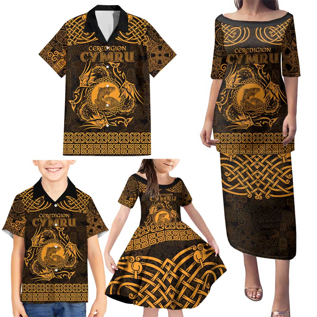 Personalized Cardiganshire Ceredigion Family Matching Puletasi and Hawaiian Shirt Gold Leaping Salmon Celtic-inspired - Wonder Print Shop