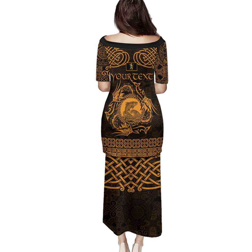 Personalized Cardiganshire Ceredigion Family Matching Puletasi and Hawaiian Shirt Gold Leaping Salmon Celtic-inspired - Wonder Print Shop