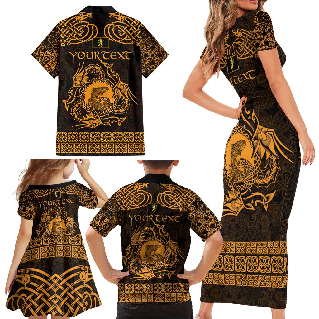 Personalized Cardiganshire Ceredigion Family Matching Short Sleeve Bodycon Dress and Hawaiian Shirt Gold Leaping Salmon Celtic-inspired - Wonder Print Shop