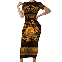 Personalized Cardiganshire Ceredigion Family Matching Short Sleeve Bodycon Dress and Hawaiian Shirt Gold Leaping Salmon Celtic-inspired - Wonder Print Shop