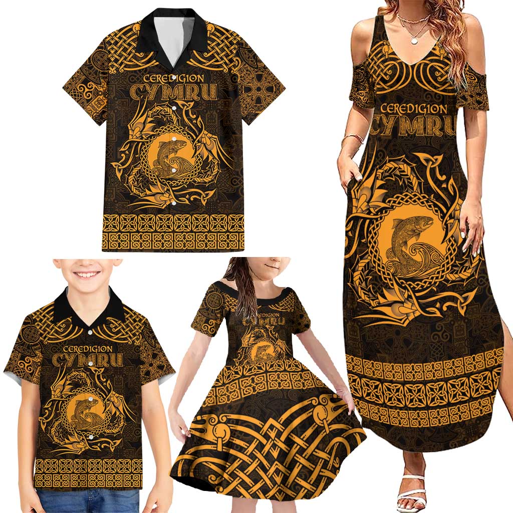 Personalized Cardiganshire Ceredigion Family Matching Summer Maxi Dress and Hawaiian Shirt Gold Leaping Salmon Celtic-inspired - Wonder Print Shop