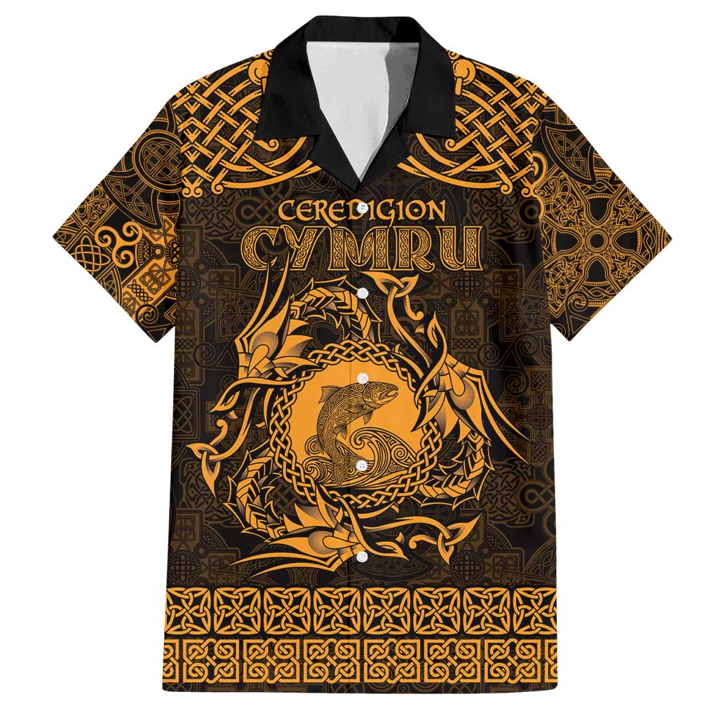 Personalized Cardiganshire Ceredigion Family Matching Summer Maxi Dress and Hawaiian Shirt Gold Leaping Salmon Celtic-inspired - Wonder Print Shop
