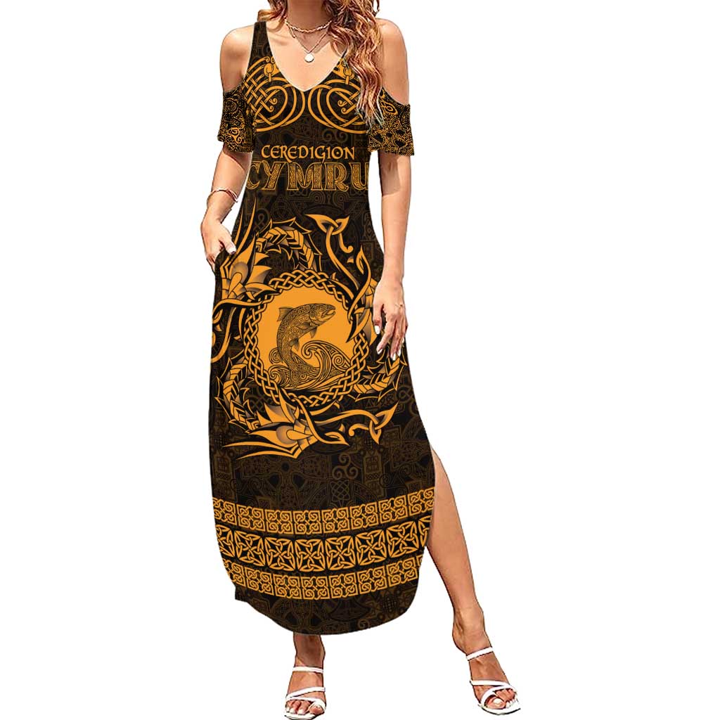 Personalized Cardiganshire Ceredigion Family Matching Summer Maxi Dress and Hawaiian Shirt Gold Leaping Salmon Celtic-inspired - Wonder Print Shop