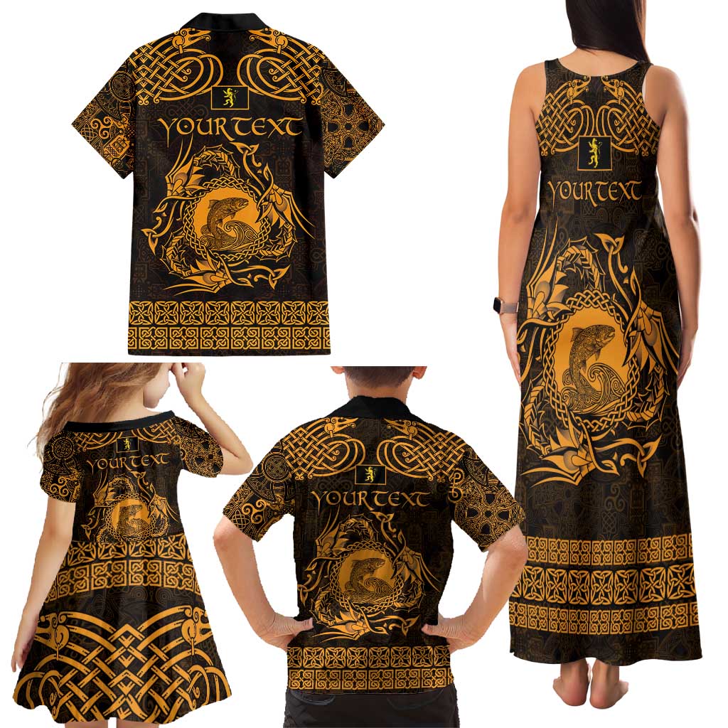Personalized Cardiganshire Ceredigion Family Matching Tank Maxi Dress and Hawaiian Shirt Gold Leaping Salmon Celtic-inspired - Wonder Print Shop