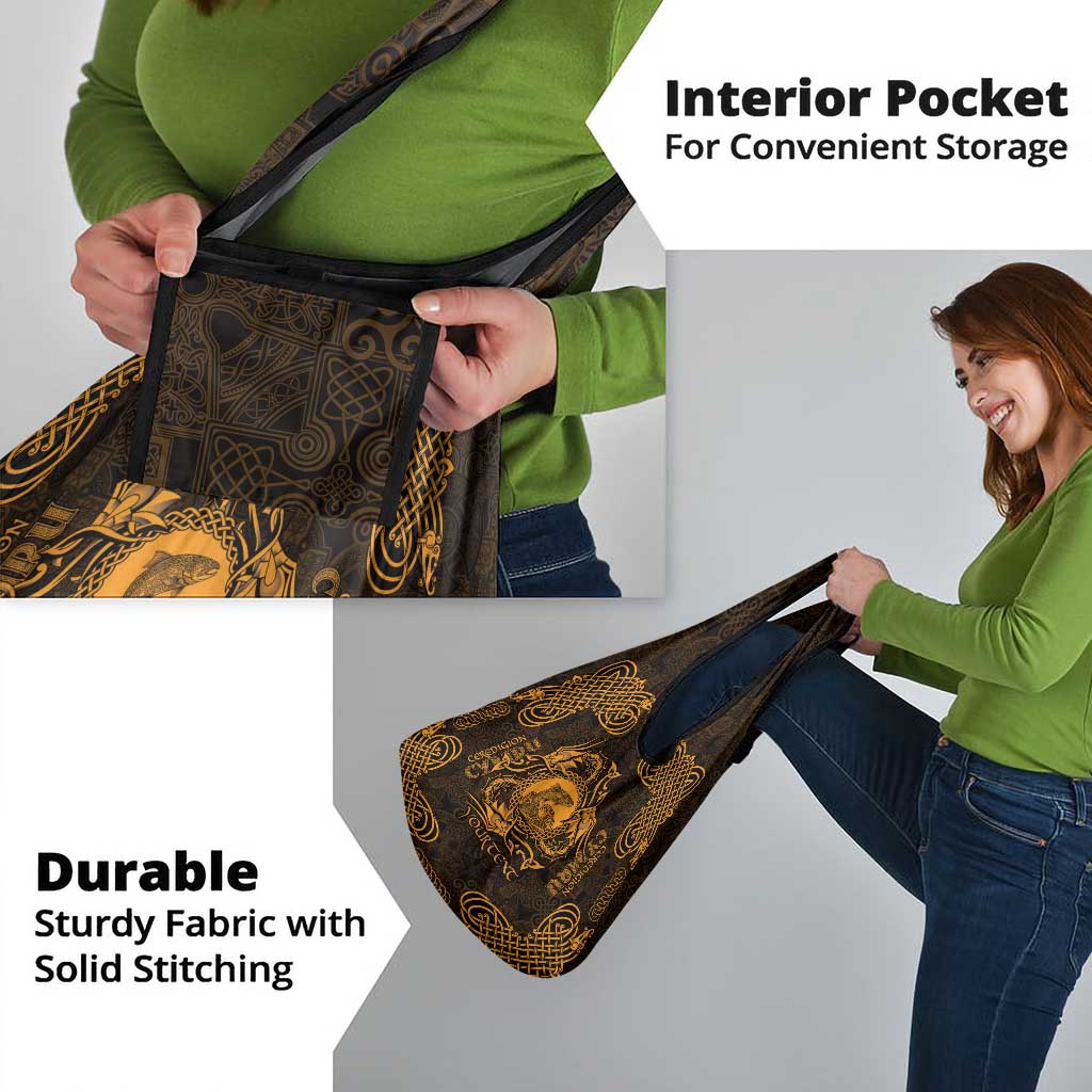 Personalized Cardiganshire Ceredigion Grocery Bag Gold Leaping Salmon Celtic-inspired - Wonder Print Shop