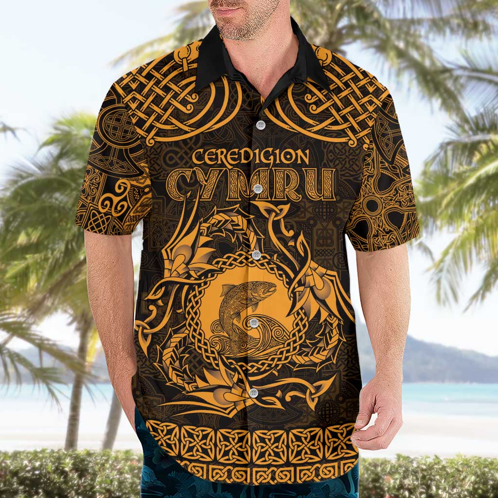 Personalized Cardiganshire Ceredigion Hawaiian Shirt Gold Leaping Salmon Celtic-inspired - Wonder Print Shop