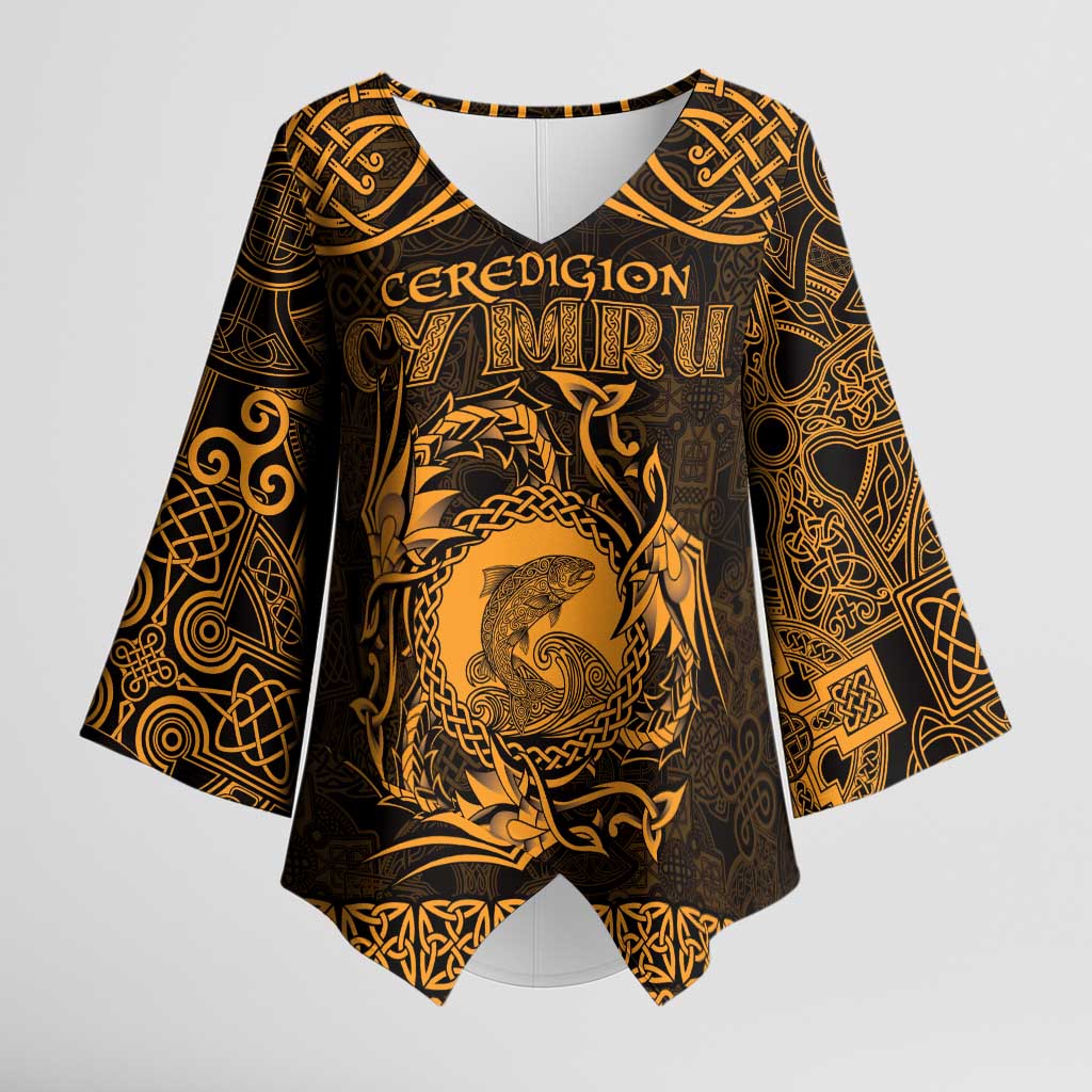 Personalized Cardiganshire Ceredigion Kimono Sleeve Blouse Gold Leaping Salmon Celtic-inspired - Wonder Print Shop