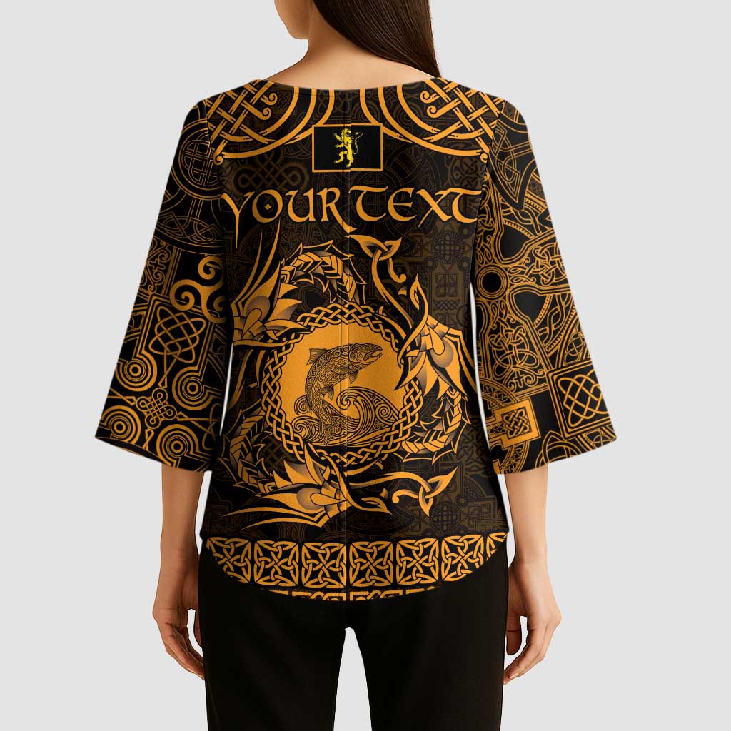 Personalized Cardiganshire Ceredigion Kimono Sleeve Blouse Gold Leaping Salmon Celtic-inspired - Wonder Print Shop