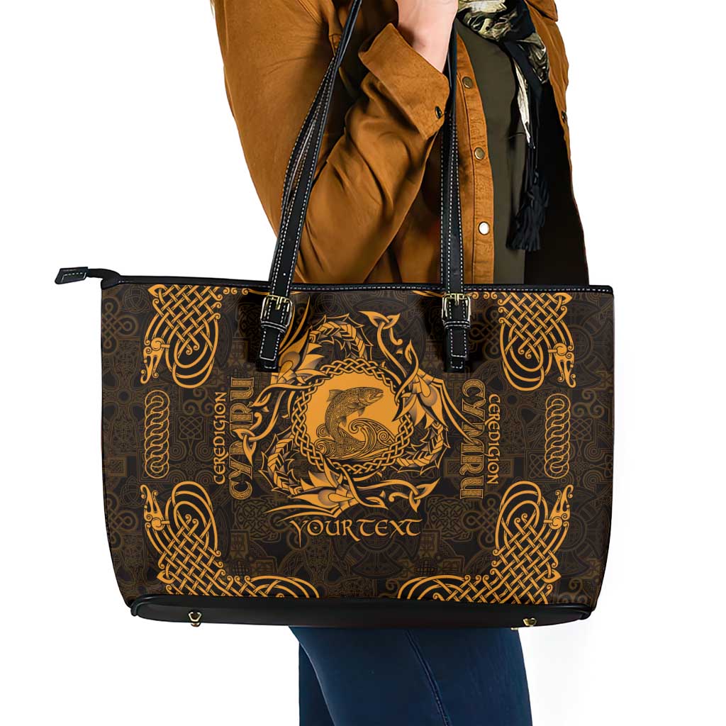 Personalized Cardiganshire Ceredigion Leather Tote Bag Gold Leaping Salmon Celtic-inspired - Wonder Print Shop