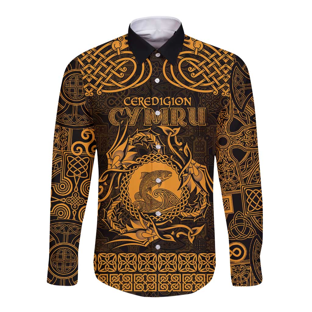 Personalized Cardiganshire Ceredigion Long Sleeve Button Shirt Gold Leaping Salmon Celtic-inspired - Wonder Print Shop