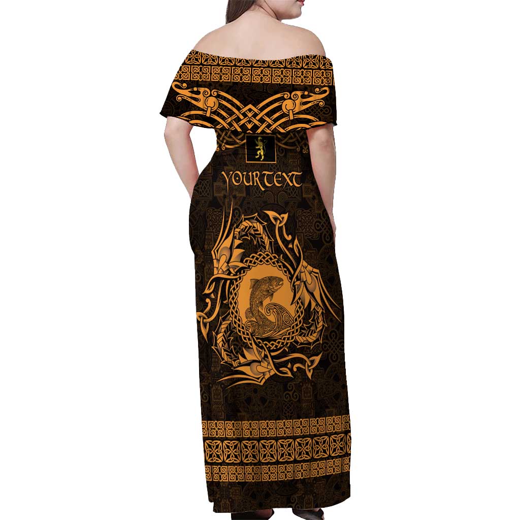 Personalized Cardiganshire Ceredigion Off Shoulder Maxi Dress Gold Leaping Salmon Celtic-inspired - Wonder Print Shop