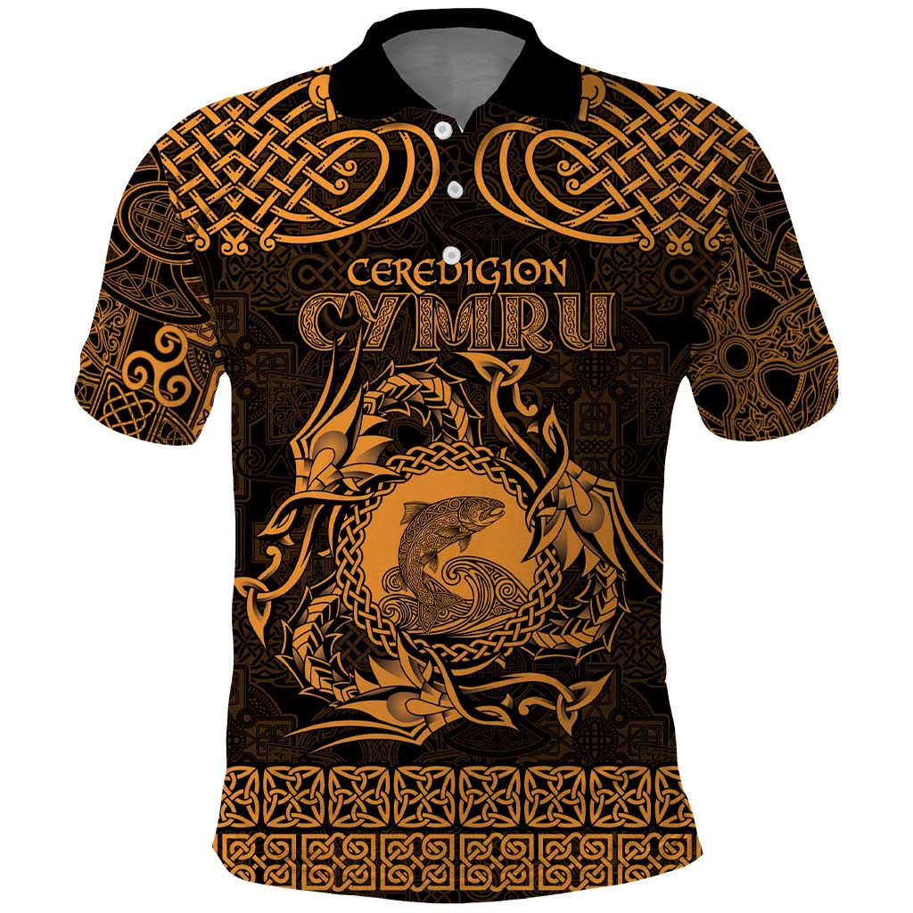 Personalized Cardiganshire Ceredigion Polo Shirt Gold Leaping Salmon Celtic-inspired - Wonder Print Shop