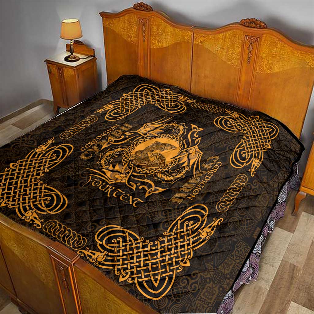 Personalized Cardiganshire Ceredigion Quilt Gold Leaping Salmon Celtic-inspired - Wonder Print Shop