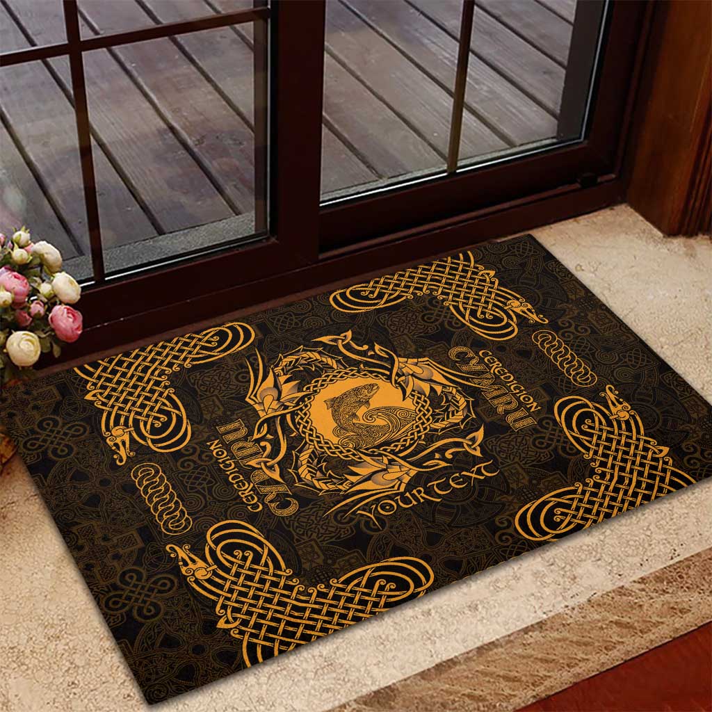 Personalized Cardiganshire Ceredigion Rubber Doormat Gold Leaping Salmon Celtic-inspired - Wonder Print Shop