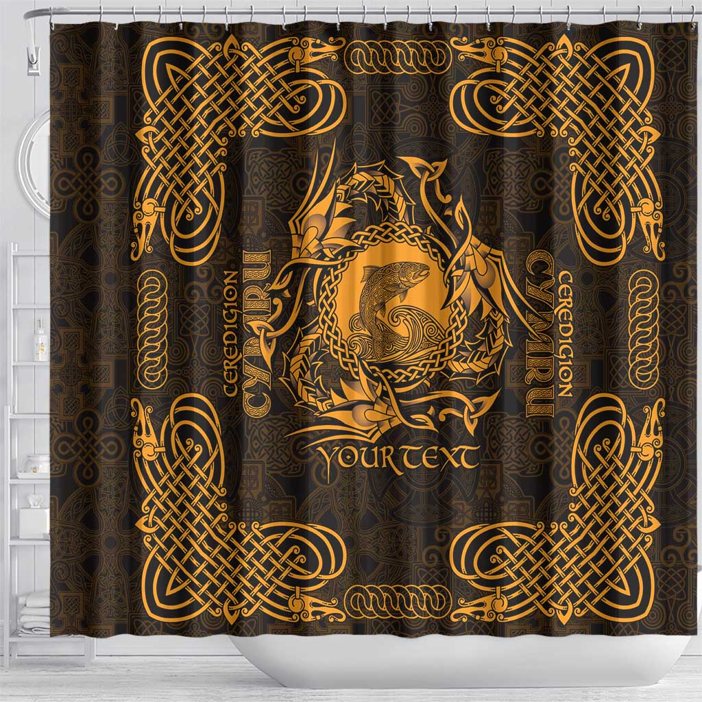 Personalized Cardiganshire Ceredigion Shower Curtain Gold Leaping Salmon Celtic-inspired - Wonder Print Shop