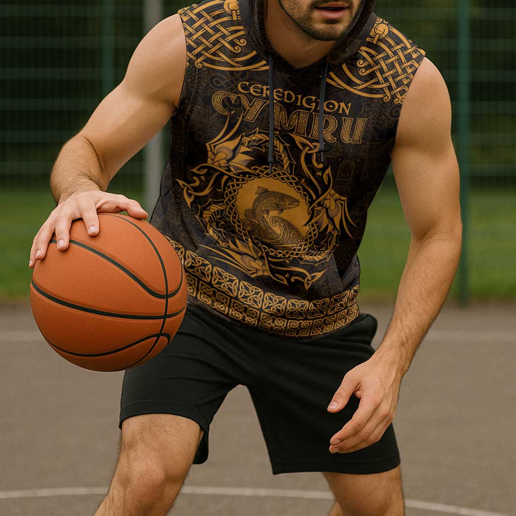 Personalized Cardiganshire Ceredigion Sleeveless Hoodie Gold Leaping Salmon Celtic-inspired - Wonder Print Shop