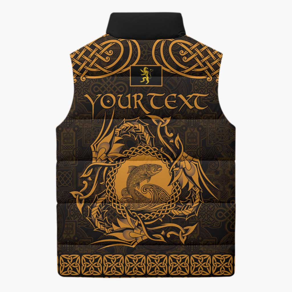 Personalized Cardiganshire Ceredigion Sleeveless Puffer Jacket Gold Leaping Salmon Celtic-inspired - Wonder Print Shop