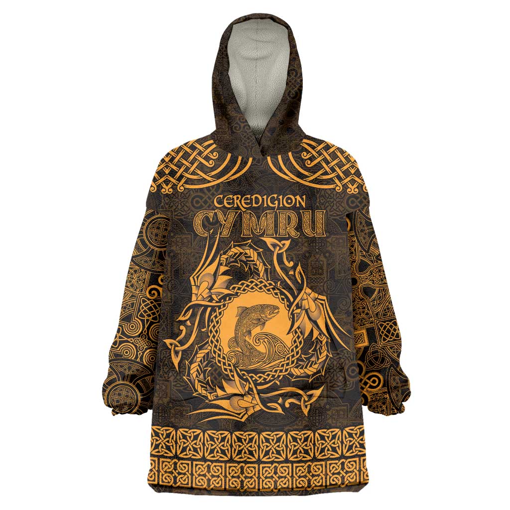 Personalized Cardiganshire Ceredigion Wearable Blanket Hoodie Gold Leaping Salmon Celtic-inspired - Wonder Print Shop
