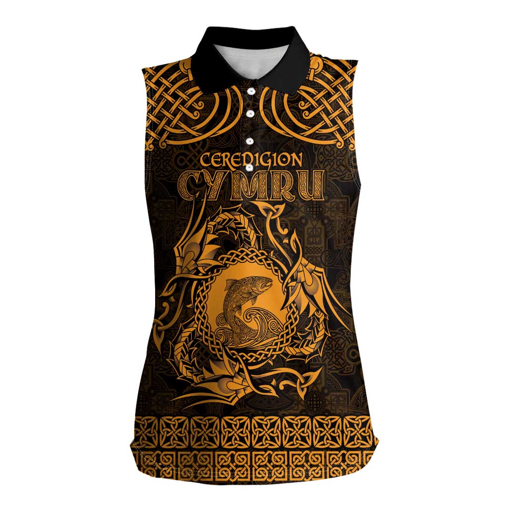 Personalized Cardiganshire Ceredigion Women Sleeveless Polo Shirt Gold Leaping Salmon Celtic-inspired - Wonder Print Shop