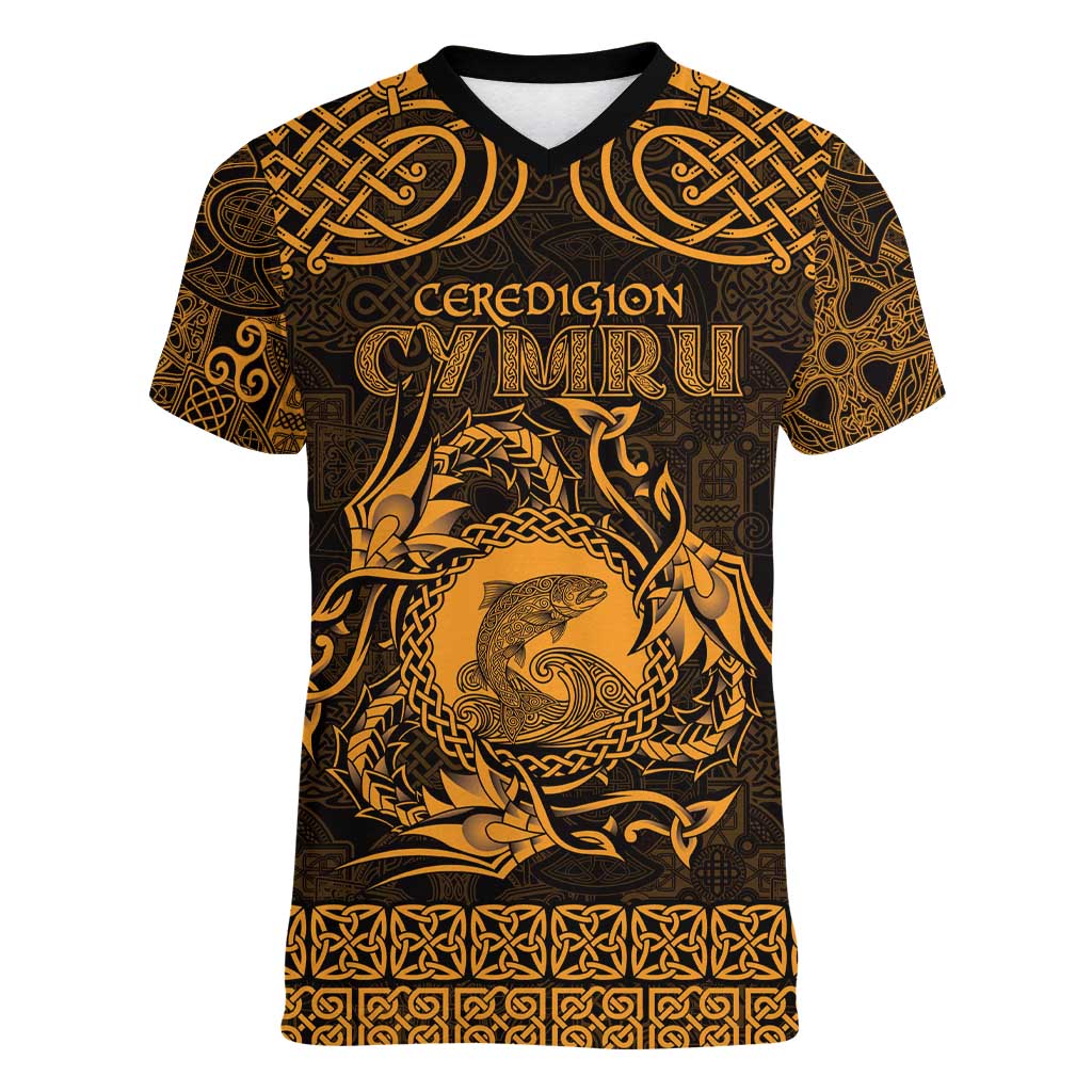Personalized Cardiganshire Ceredigion Women V-Neck T-Shirt Gold Leaping Salmon Celtic-inspired - Wonder Print Shop