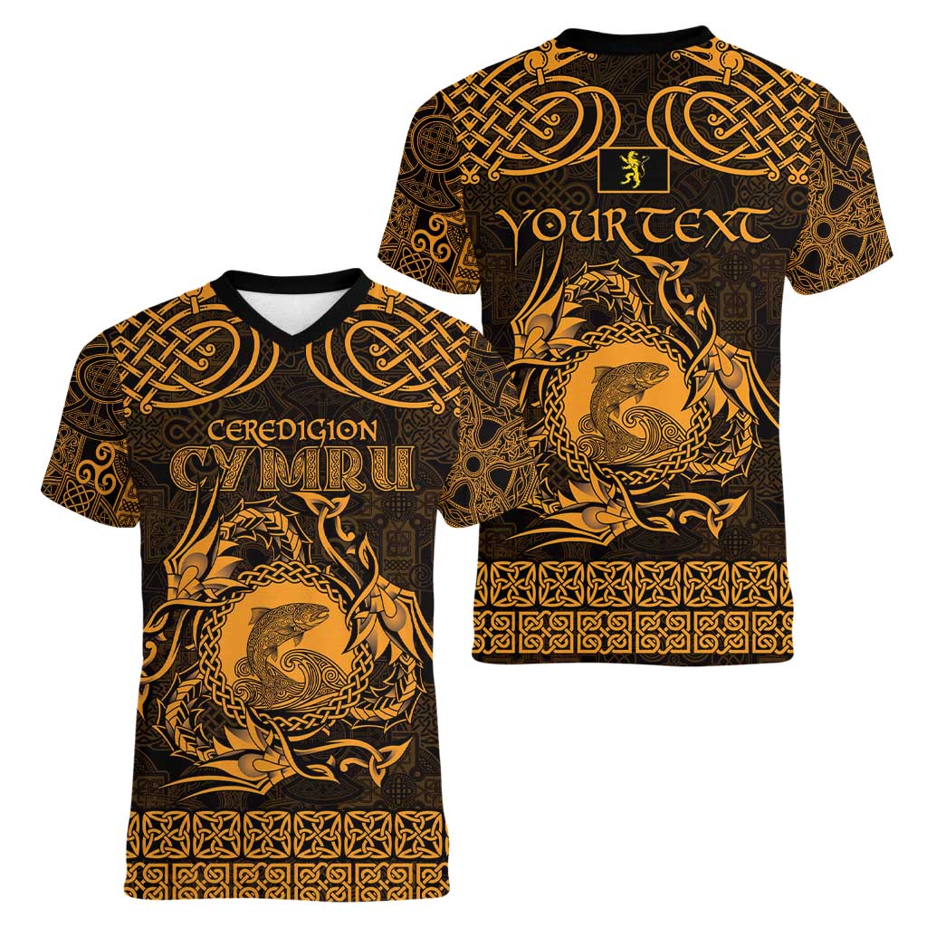 Personalized Cardiganshire Ceredigion Women V-Neck T-Shirt Gold Leaping Salmon Celtic-inspired - Wonder Print Shop