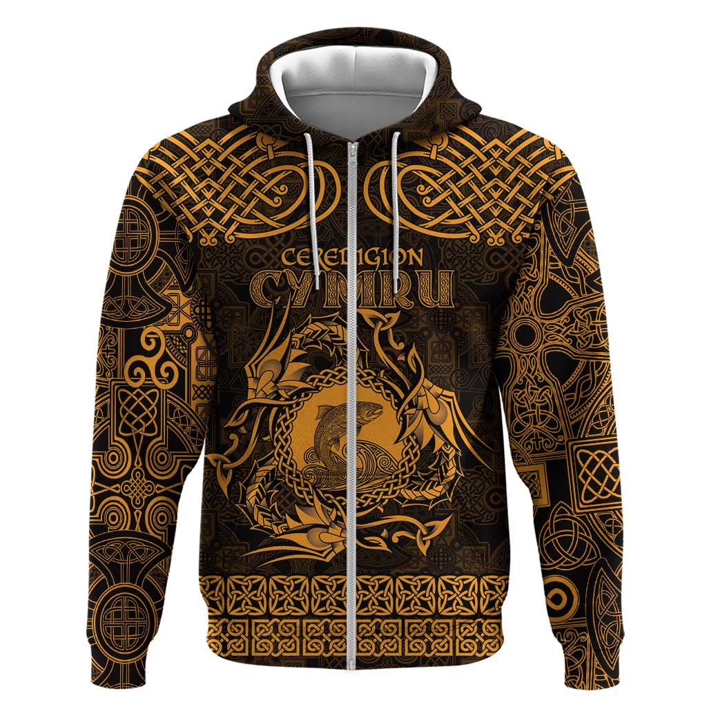 Personalized Cardiganshire Ceredigion Zip Hoodie Gold Leaping Salmon Celtic-inspired - Wonder Print Shop