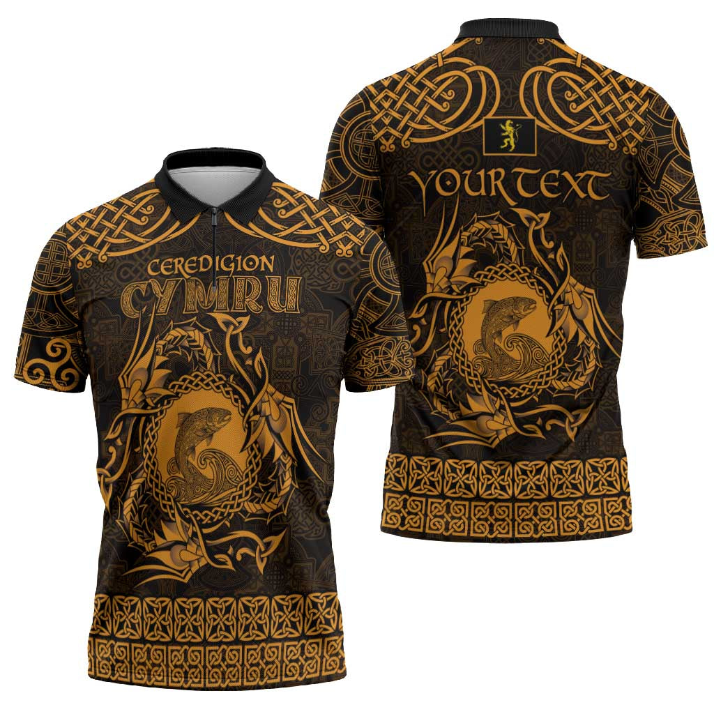 Personalized Cardiganshire Ceredigion Zipper Polo Shirt Gold Leaping Salmon Celtic-inspired - Wonder Print Shop