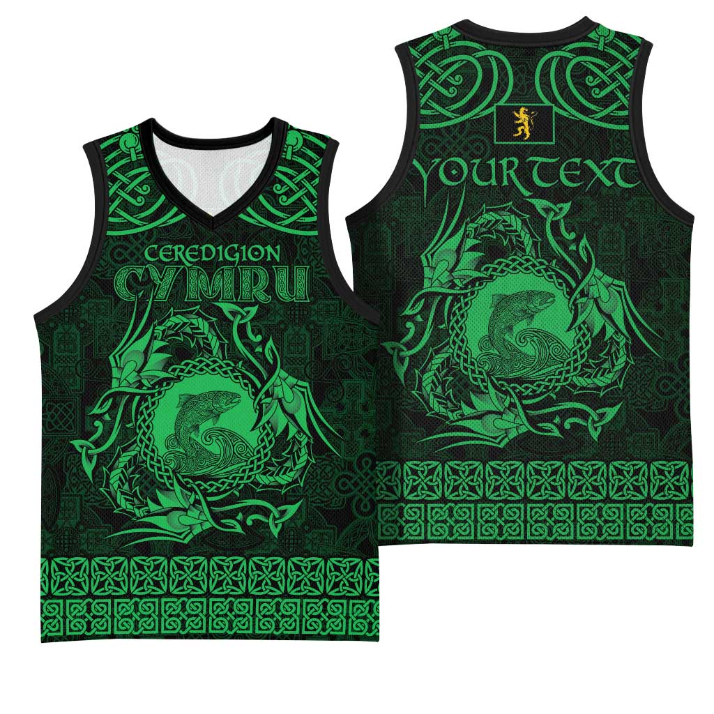 Personalized Cardiganshire Ceredigion Basketball Jersey Green Leaping Salmon Celtic-inspired - Wonder Print Shop