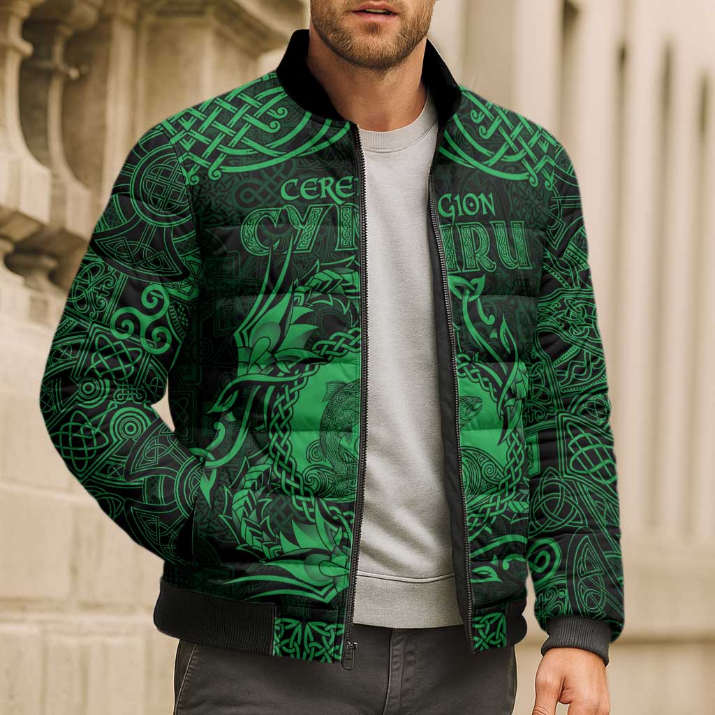 Personalized Cardiganshire Ceredigion Bomber Puffer Jacket Green Leaping Salmon Celtic-inspired - Wonder Print Shop
