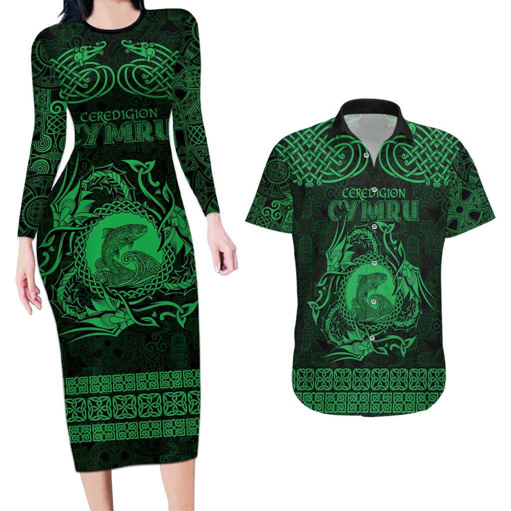 Personalized Cardiganshire Ceredigion Couples Matching Long Sleeve Bodycon Dress and Hawaiian Shirt Green Leaping Salmon Celtic-inspired - Wonder Print Shop