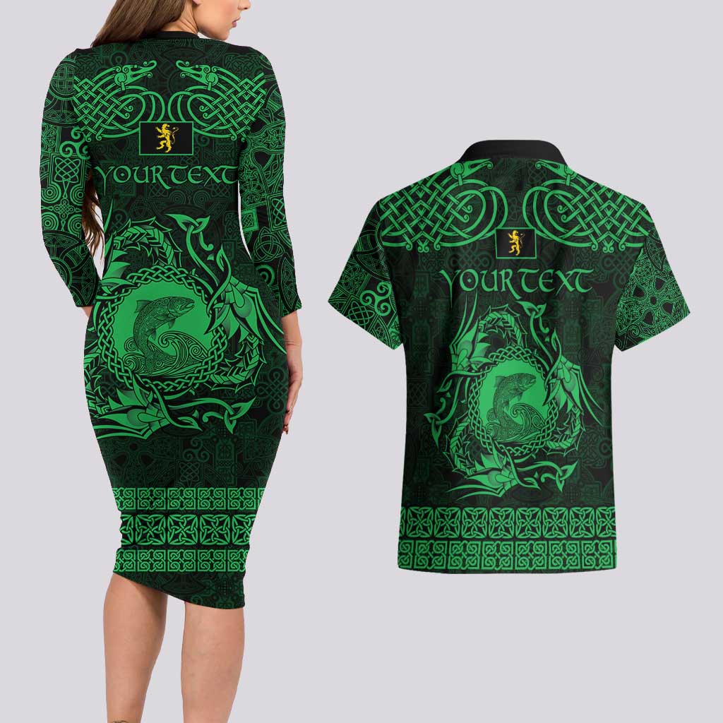 Personalized Cardiganshire Ceredigion Couples Matching Long Sleeve Bodycon Dress and Hawaiian Shirt Green Leaping Salmon Celtic-inspired - Wonder Print Shop