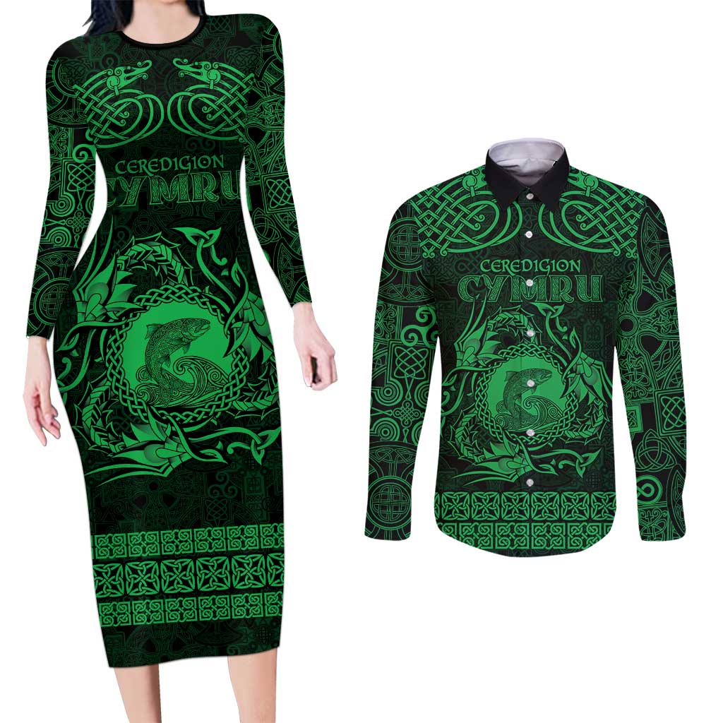 Personalized Cardiganshire Ceredigion Couples Matching Long Sleeve Bodycon Dress and Long Sleeve Button Shirt Green Leaping Salmon Celtic-inspired - Wonder Print Shop