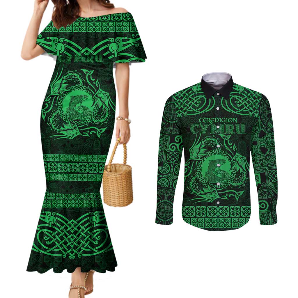 Personalized Cardiganshire Ceredigion Couples Matching Mermaid Dress and Long Sleeve Button Shirt Green Leaping Salmon Celtic-inspired - Wonder Print Shop