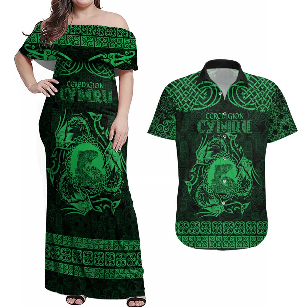 Personalized Cardiganshire Ceredigion Couples Matching Off Shoulder Maxi Dress and Hawaiian Shirt Green Leaping Salmon Celtic-inspired - Wonder Print Shop