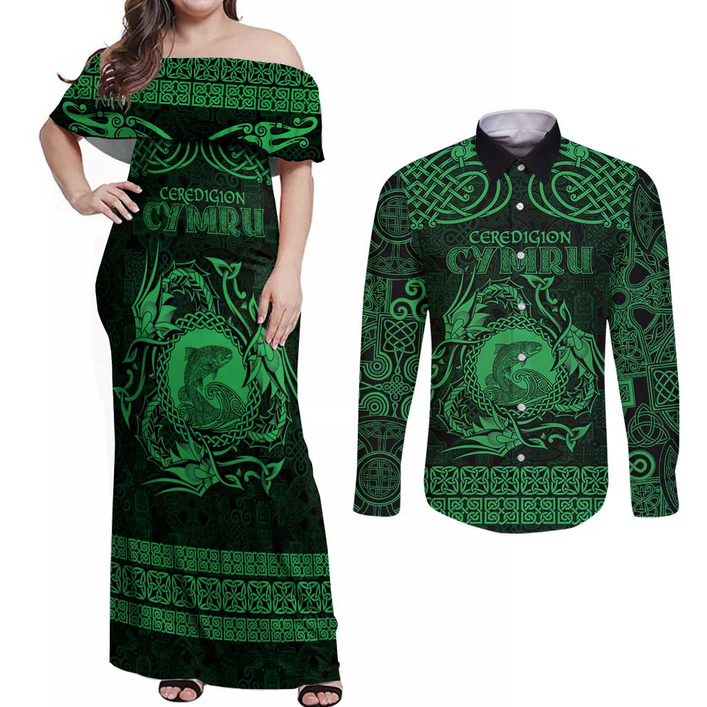 Personalized Cardiganshire Ceredigion Couples Matching Off Shoulder Maxi Dress and Long Sleeve Button Shirt Green Leaping Salmon Celtic-inspired - Wonder Print Shop