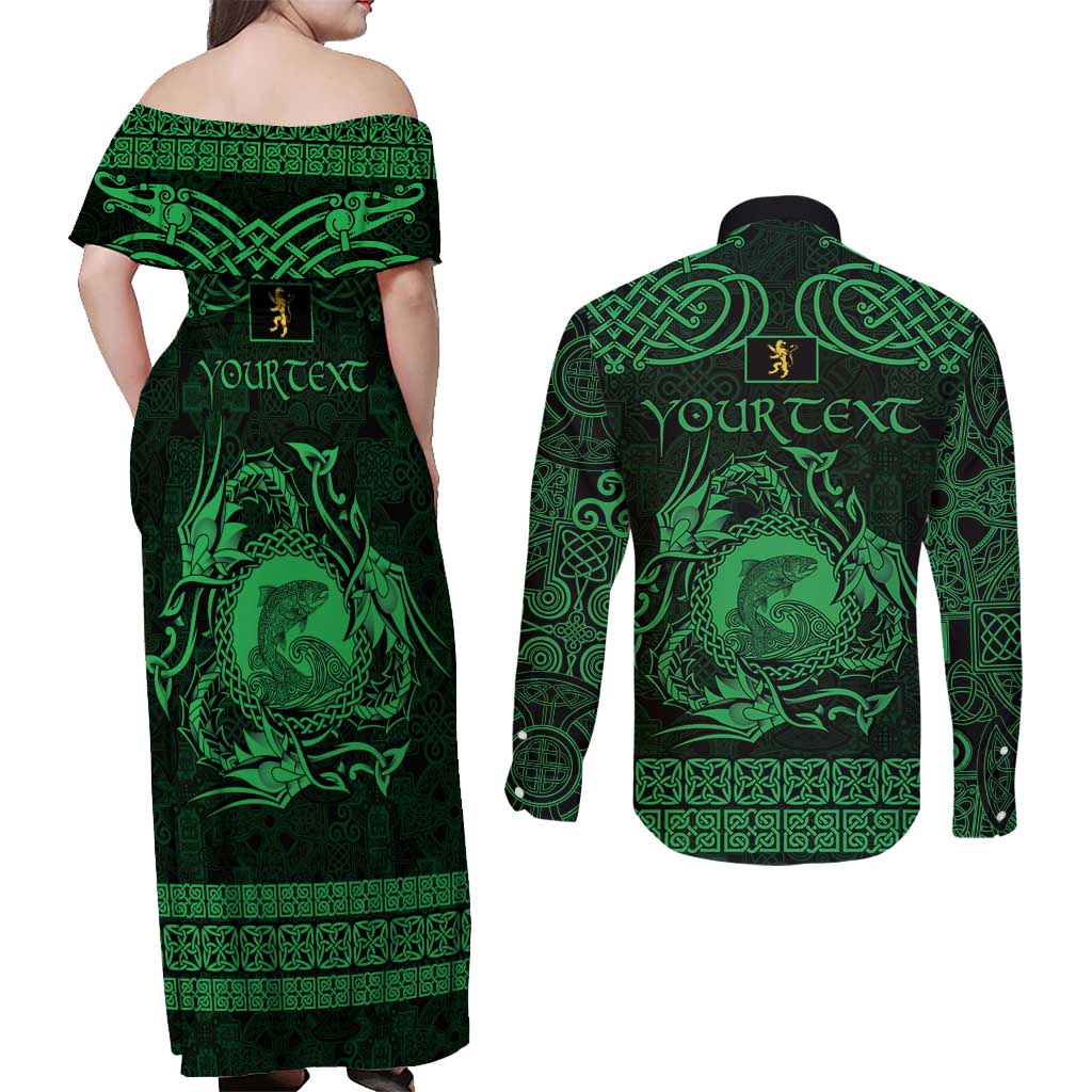 Personalized Cardiganshire Ceredigion Couples Matching Off Shoulder Maxi Dress and Long Sleeve Button Shirt Green Leaping Salmon Celtic-inspired - Wonder Print Shop