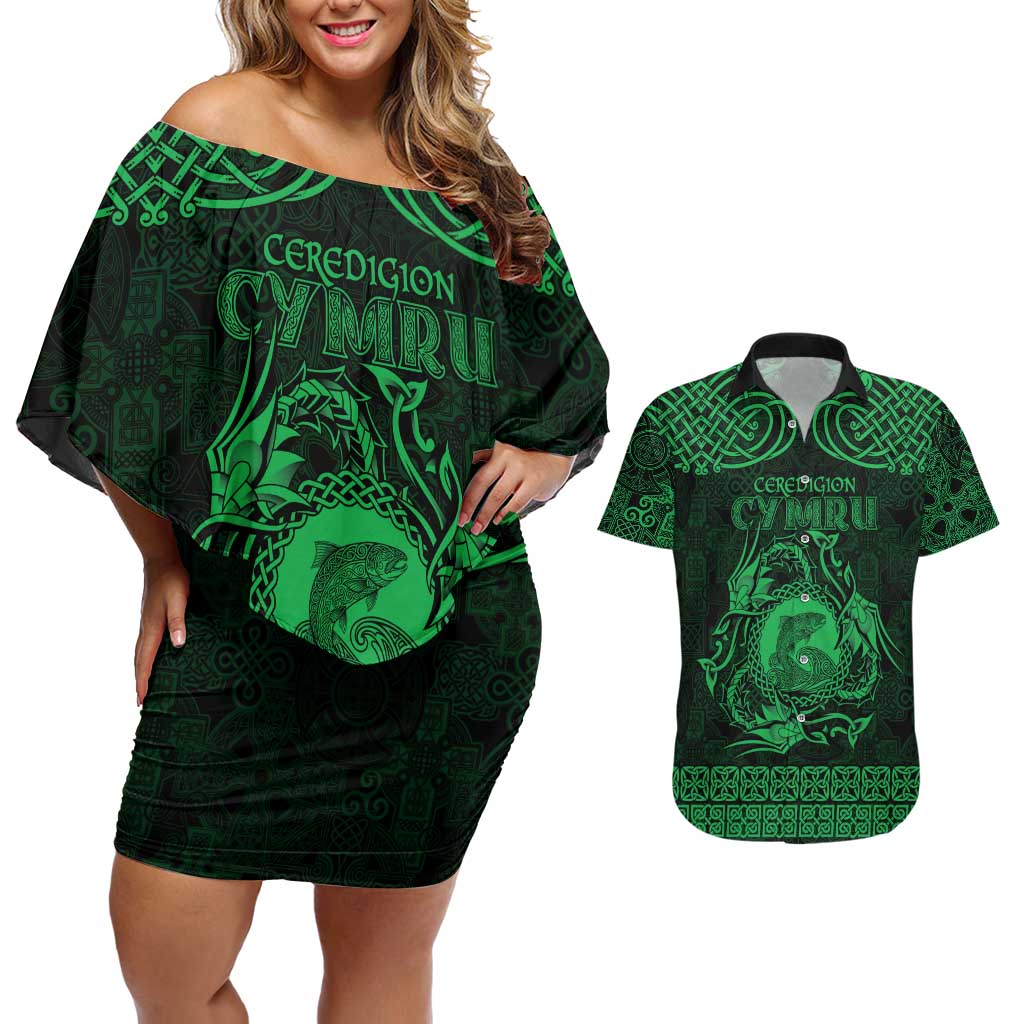 Personalized Cardiganshire Ceredigion Couples Matching Off Shoulder Short Dress and Hawaiian Shirt Green Leaping Salmon Celtic-inspired - Wonder Print Shop