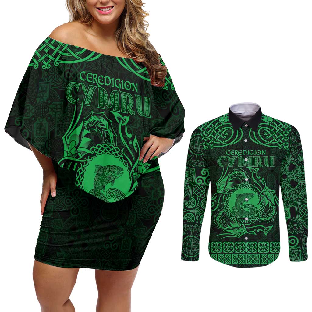 Personalized Cardiganshire Ceredigion Couples Matching Off Shoulder Short Dress and Long Sleeve Button Shirt Green Leaping Salmon Celtic-inspired - Wonder Print Shop