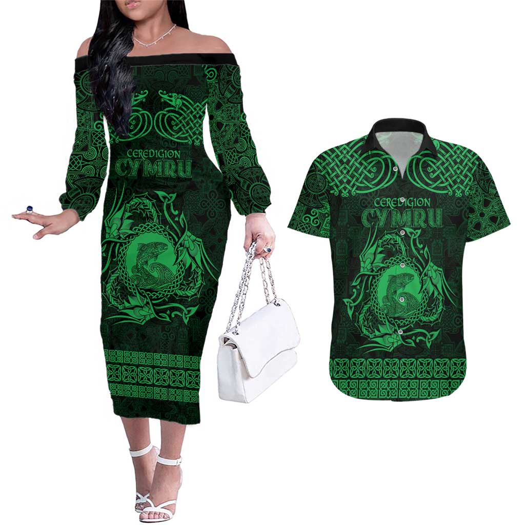 Personalized Cardiganshire Ceredigion Couples Matching Off The Shoulder Long Sleeve Dress and Hawaiian Shirt Green Leaping Salmon Celtic-inspired - Wonder Print Shop