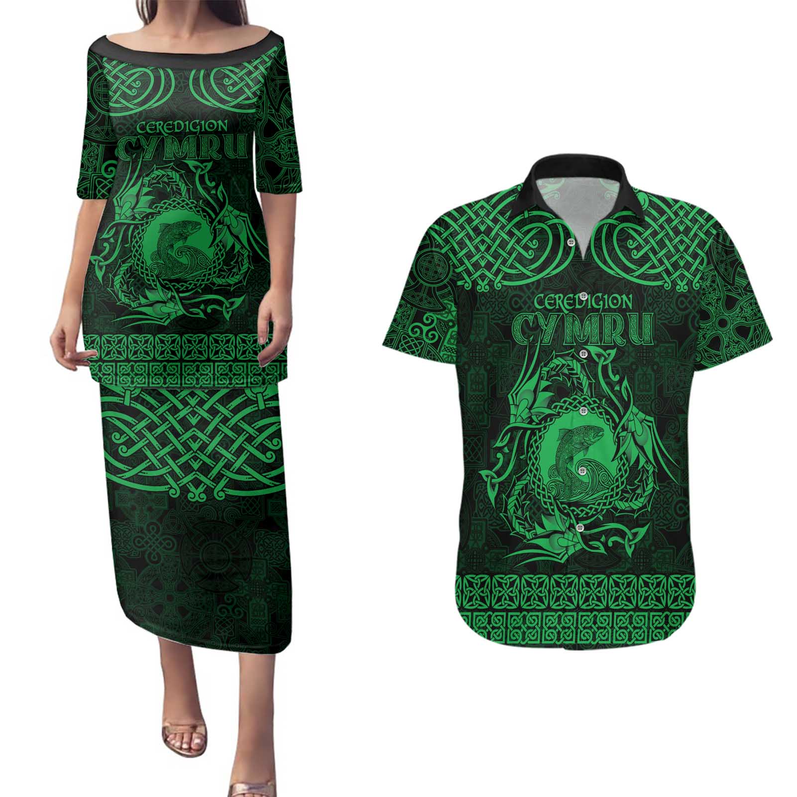 Personalized Cardiganshire Ceredigion Couples Matching Puletasi and Hawaiian Shirt Green Leaping Salmon Celtic-inspired - Wonder Print Shop