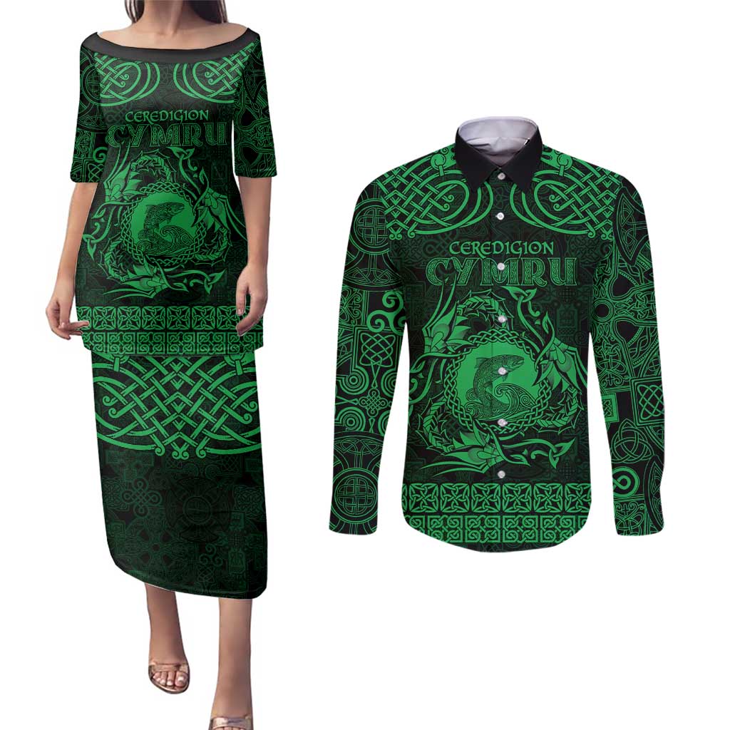 Personalized Cardiganshire Ceredigion Couples Matching Puletasi and Long Sleeve Button Shirt Green Leaping Salmon Celtic-inspired - Wonder Print Shop