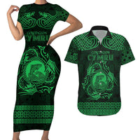 Personalized Cardiganshire Ceredigion Couples Matching Short Sleeve Bodycon Dress and Hawaiian Shirt Green Leaping Salmon Celtic-inspired - Wonder Print Shop