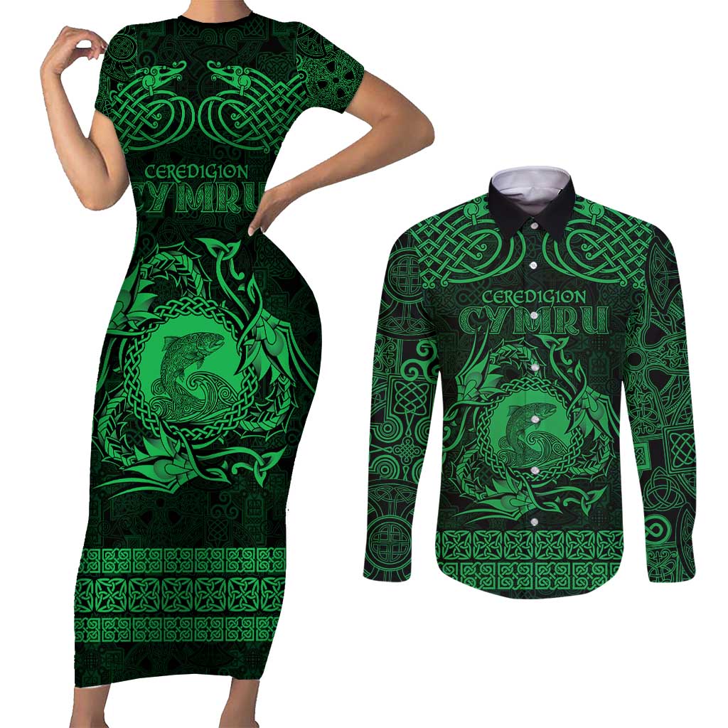 Personalized Cardiganshire Ceredigion Couples Matching Short Sleeve Bodycon Dress and Long Sleeve Button Shirt Green Leaping Salmon Celtic-inspired - Wonder Print Shop