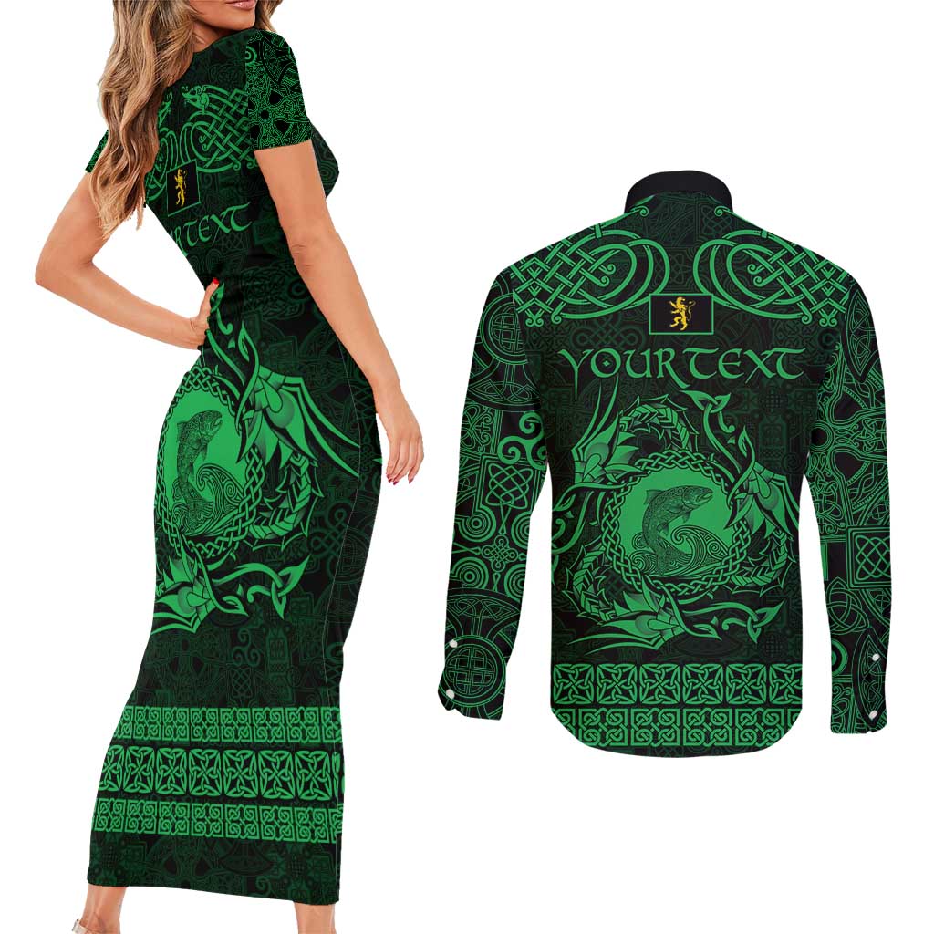 Personalized Cardiganshire Ceredigion Couples Matching Short Sleeve Bodycon Dress and Long Sleeve Button Shirt Green Leaping Salmon Celtic-inspired - Wonder Print Shop